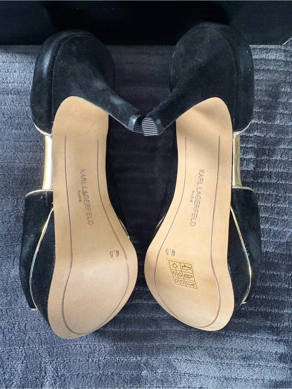 Karl Lagerfeld Evette Black Suede Peep-Toe Heels with Gold Trim
